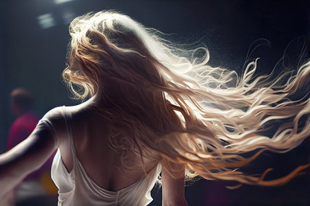 Young blonde woman dancing and flipping her hair, Generative AIの素材