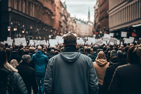 Rear view of people with placards and posters protesting in the city, Generative AIの素材