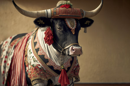 Spainish bull wearing national Span dress or clothes, Generative AIの素材
