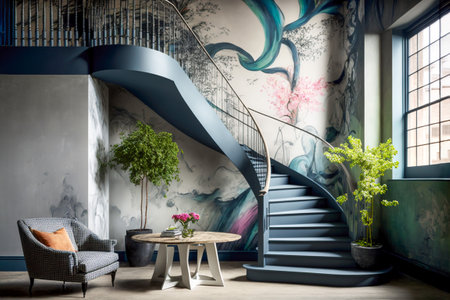 A modern studio apartment with graffiti textured wall, Generative AIの素材