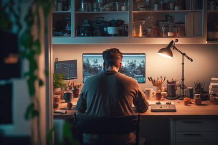 A man working from home, early morning, Generative AIの素材
