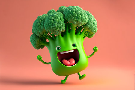 Adorable jumping broccoli character, Generative AIの素材