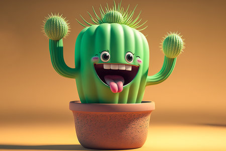 Cheerful cactus in a pot: cute happy character, Generative AIの素材