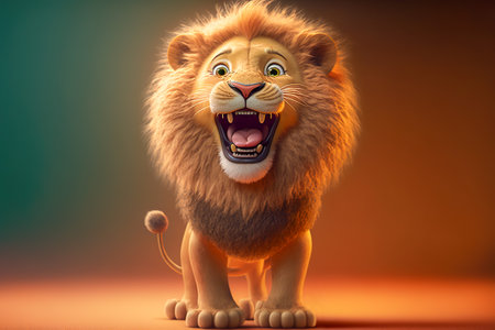 Friendly roaring lion cartoon character, Generative AIの素材