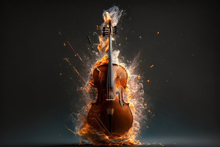 Explosive music: a cello bursting with fire and smoke, Generative AIの素材
