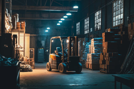 Forklift inside a distribution warehouse backroom with boxes, Generative AIの素材