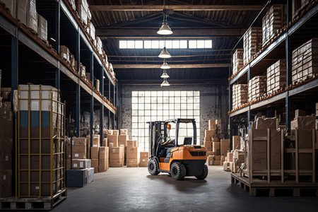 Small storage room with a forklift and boxes on pallets, Generative AIの素材