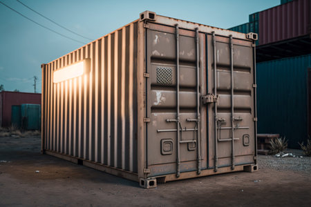 Old grey and brown shipping container standing outside, Generative AIの素材