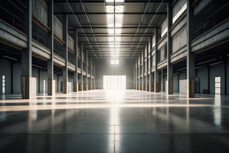 Large empty warehouse with columns and a window, Generative AIの素材