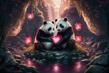 Cute pandas couple celebrate valentines day at a waterfall cave, Generative AIの素材