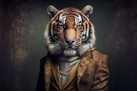 Striking tiger portrait: an elegant feline wearing a sharp suit, Generative AIの素材
