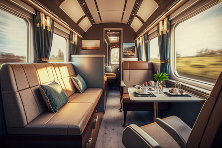 Experience luxury travel: interior shot of an empty train wagon, Generative AIの素材