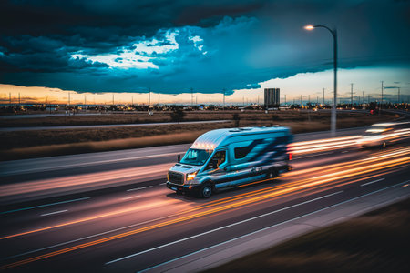 Small and fast delivery truck driving on a busy highway, Generative AIの素材