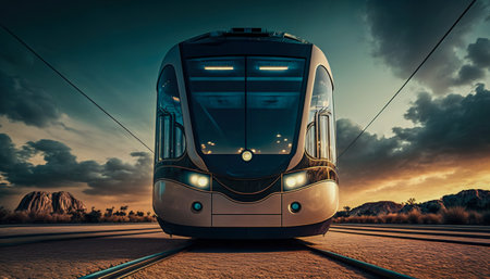 Futuristic autonomous train driving at night, Generative AIの素材