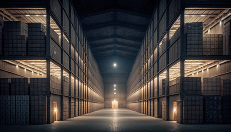 Logistics warehouse storage: boxes of packages ready for delivery, Generative AIの素材