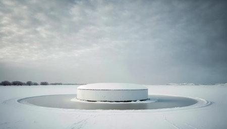 Round concrete stage standing on frozen lake, covered in snow, product display podium, Generative AIの素材
