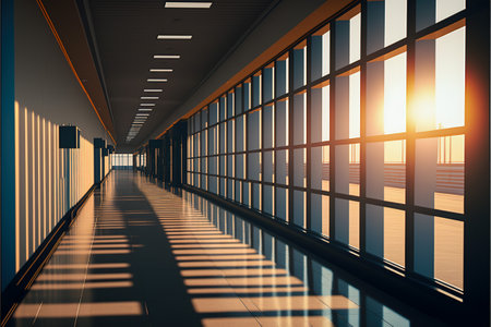 Long airport hallway with large window at dusk, Generative AIの素材