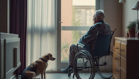 Lonely elderly senior man in a wheelchair with his dog in nursing home looking out the window, Generative AIの素材