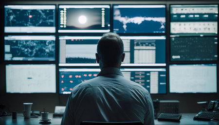 Real-time surveillance, security guard or officer at central control panel, Generative AIの素材