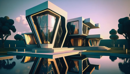 Futuristic Luxury, a Surreal Modern Villa with Geometric Architecture, Generative AIの素材