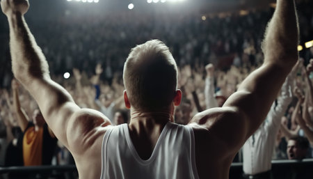Celebrating a hard-fought victory, a young adult man is cheering with a roaring crowd, Generative AIの素材