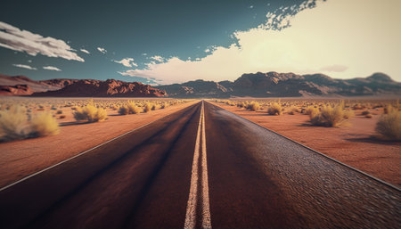 Long Empty Road Leading Through Sand and Majestic Mountain Ranges, Generative AIの素材