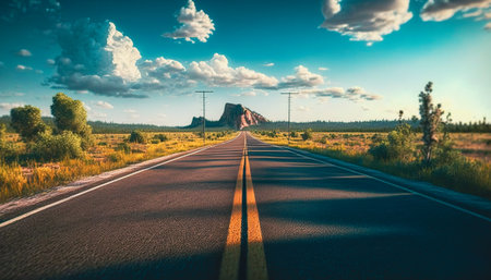 The Road Ahead, Low Angle View of an Empty Highway Vanishing into the Distance, Generative AIの素材