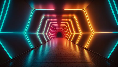 A Futuristic Neon-Lit Tunnel with Laser and Fluorescent Lighting, Generative AIの素材
