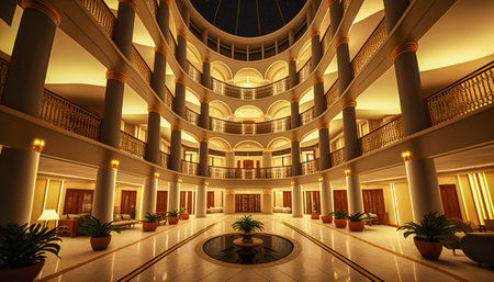 Opulent Luxury Hotel Lobby with Pillars and Lush Plants, Generative AIの素材
