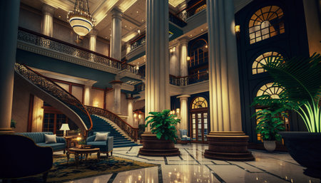 Experience Luxury at Its Finest, A Spacious Hotel Lobby with Impressive Pillars and Plants, Generative AIの素材