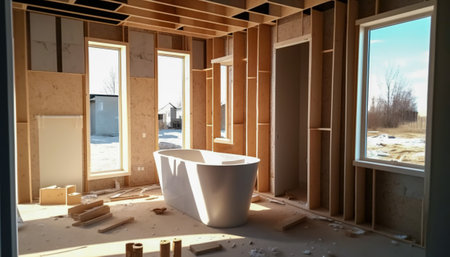 The Contemporary and Elegant Design of a Sleek Bathroom in a New Modern House, Generative AIの素材