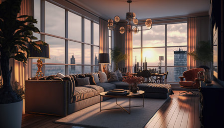 Zoom, video conference background, Sophisticated Atmosphere of Designer Living Room, Generative AIの素材