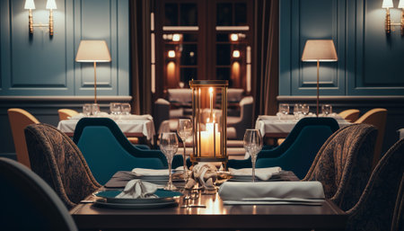 Unwind in Style, Fine Dining at a Large Luxury Restaurant with Elegant Table Settings, Generative AIの素材