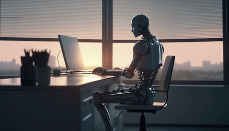 ChatGPT Robot Typing on a Computer in a Contemporary Office with Great Scenery, Generative AIの素材