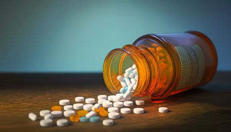 Health Hazard, Pills Spilling Out of Prescription Bottle on a Table, Generative AIの素材