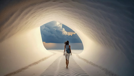 Natures best, A woman taking a walk on the beautiful beach inside a cave, Generative AIの素材