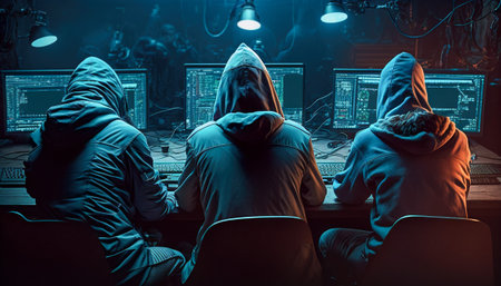 Inside the Mind of a Hacker, Group Collaborating on Computer Exploits in a Darkened Lair, Generative AIの素材