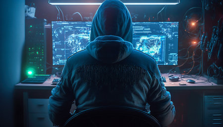 Modern Cybercriminals, Hacker on a computer working in a dark room, Generative AIの素材