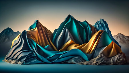A Vibrant and Abstract Mountain Scene Made of Fabric, Generative AIの素材