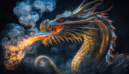 Fiery Dragon, A Majestic Creature Breathing Fire and Smoke, Generative AIの素材