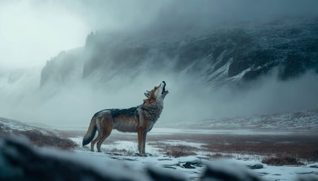 Majestic Wolf Growling in the Snowy Mountains Amidst the Morning Mist, Generative AIの素材