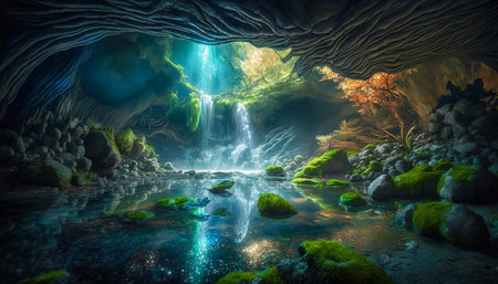 Enchanting Crystal Cave, A Colorful Grotto with a Serene Lake and Waterfalls, Generative AIの素材