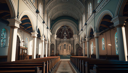 A Place of Reverence, Inside a Large Church with Pews and a Stage, Generative AIの素材