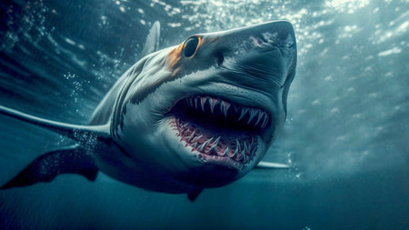 The Oceans Top Predator, A Large Shark Underwater, Generative AIの素材