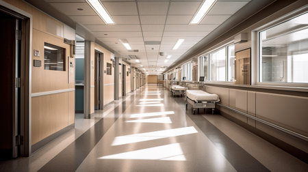 Modern Healthcare, A Spacious and Well-Lit Hospital Corridor, Generative AIの素材