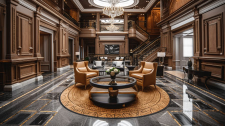 A Captivating Welcome, a Modern Wood Luxury Hotel Lobby, Generative AIの素材