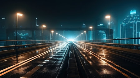 Bridging the Gap, Large and Long Futuristic Bridge at Night, Generative AIの素材