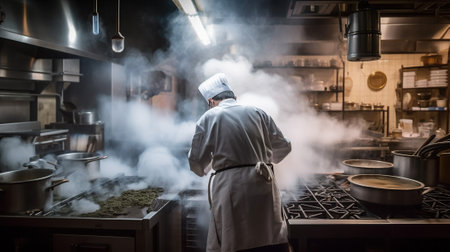 Gourmet Cuisine, A Chef in a Hat Preparing Delicious Meals in a Restaurant Kitchen, Generative AIの素材