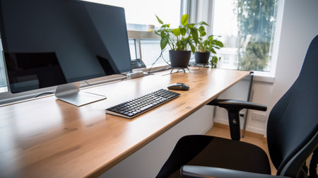 Clean and Minimalist Office Desk with Computer and Green Plants, Generative AIの素材