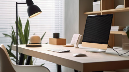 Contemporary Workspace, Clean Office Desk with a Computer, Generative AIの素材